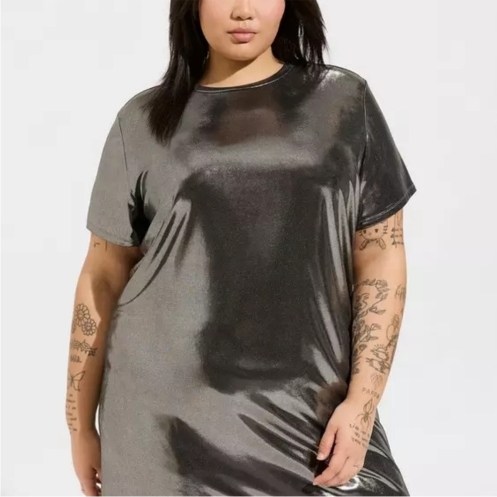 Torrid Silver Metallic Liquid Shine Crew Neck Short Sleeve T-Shirt Mini Dress 2X